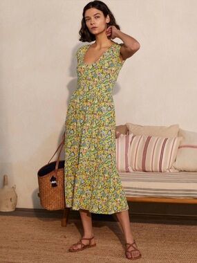 Boden Voop tiered cotton floral midi dress with pockets, Size 4